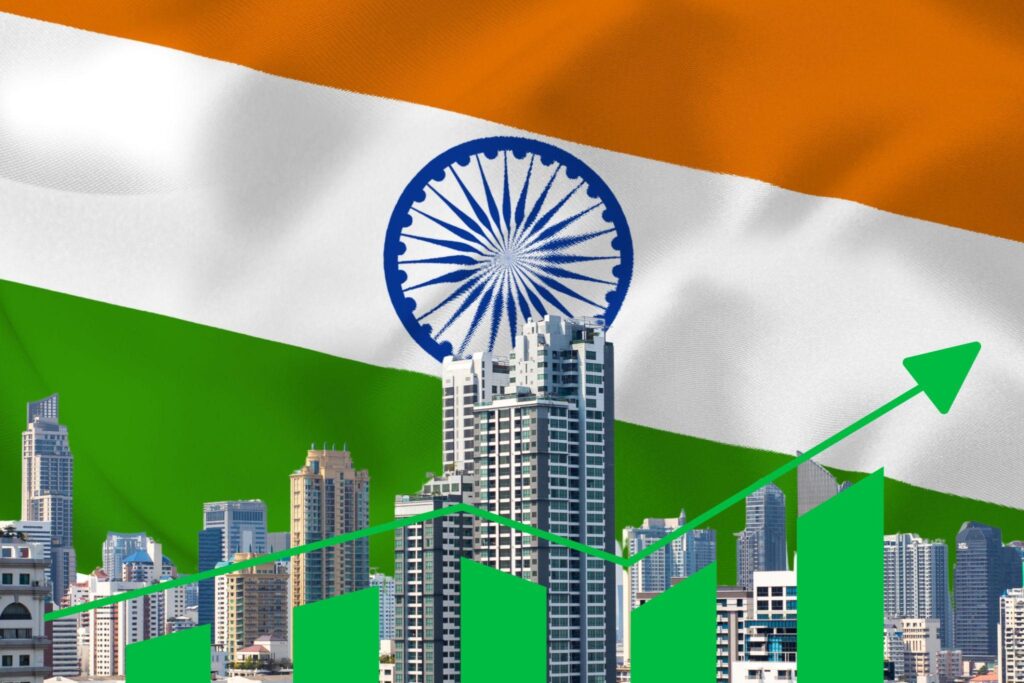 Indian economy growth concept with rising green graph and city skyline under India
