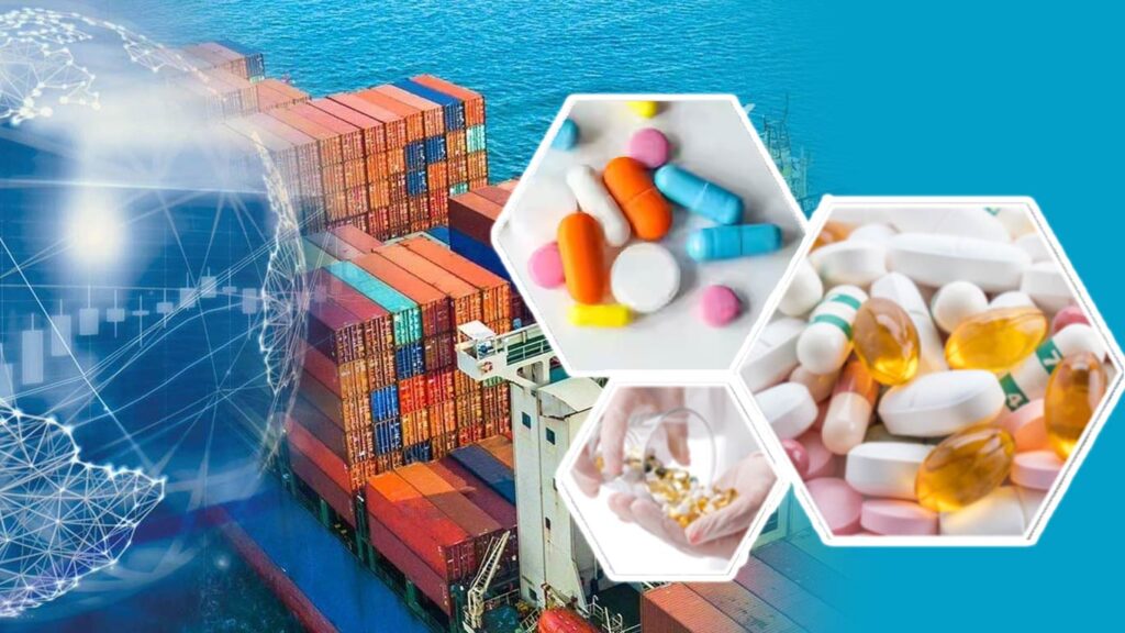 India pharmaceutical exports showing cargo ship and global medicine trade