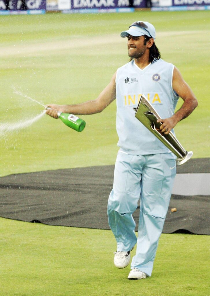 MS Dhoni celebrating ICC T20 World Cup victory during India vs Pakistan cricket rivalry match